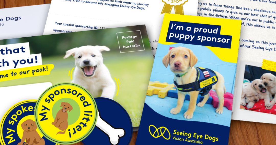 a sample of the Seeing Eye Dogs sponsor a puppy pack, including certificate, letter and brochure