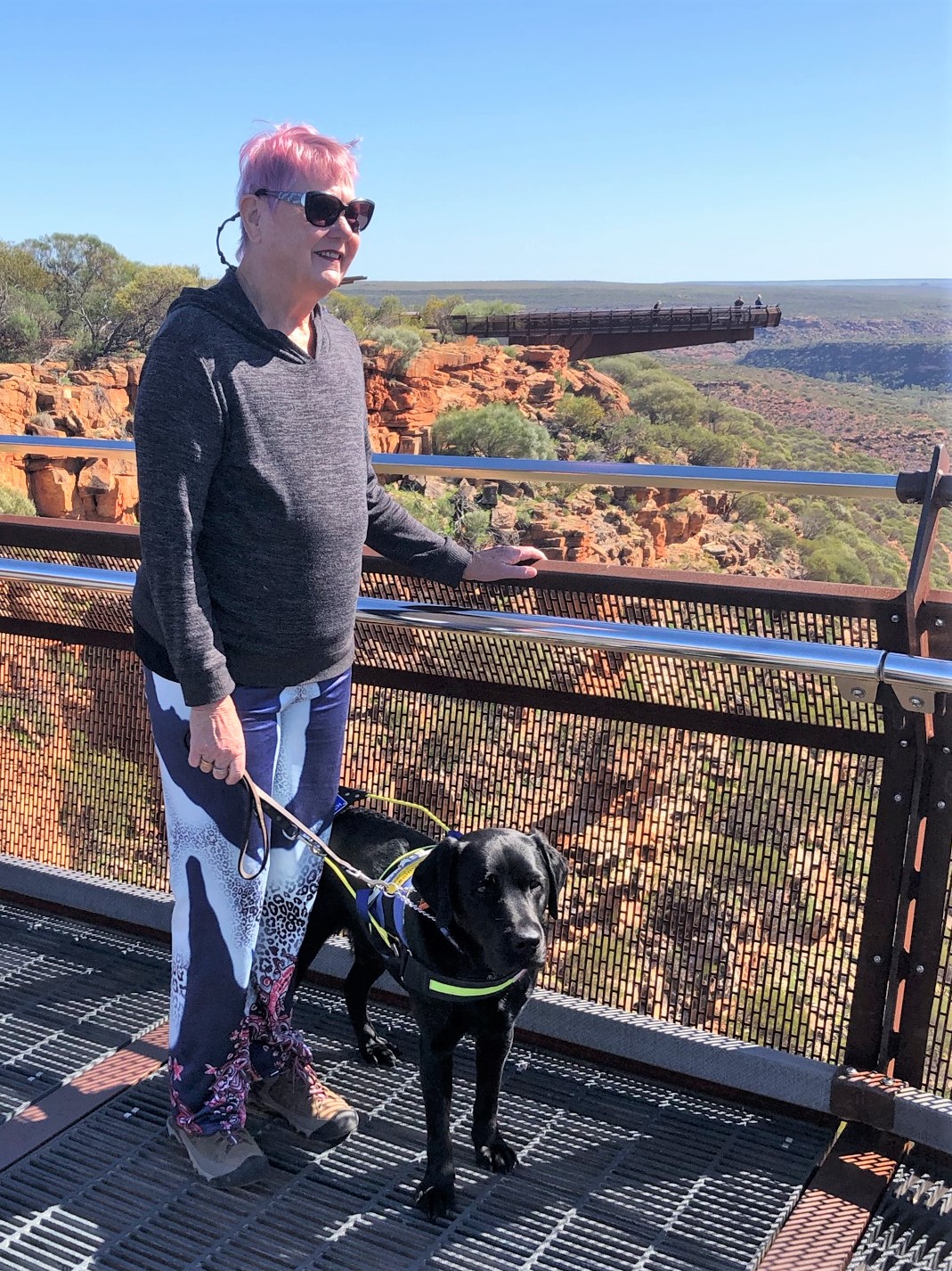 Monika stands next to Seeing Eye Dog Windsor, Monika is holding on to a railing at a lookout point which is over a cliff face, with a view of a vast horizon.