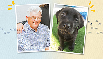 A photo of Harry is beside a photo of his Seeing Eye Dogs puppy Bateman, a chocolate lab. The photos sit on a pastel blue and yellow background.